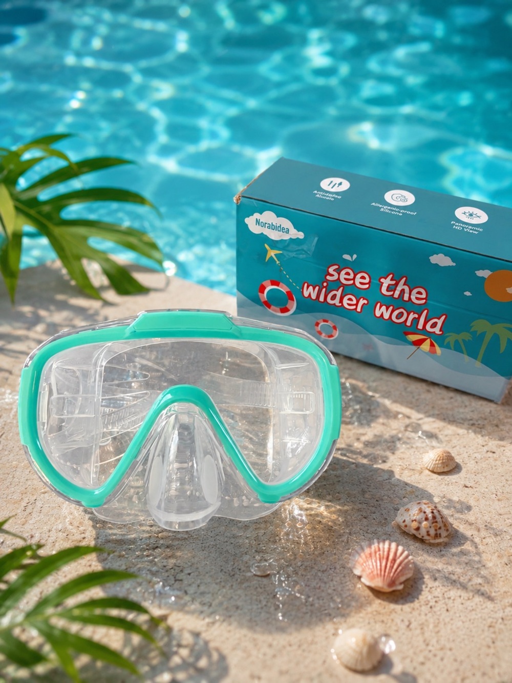 NWT Swimming Mask Anti-fog Shatter Proof Snorkel Nose Coverage Norabidea Sport